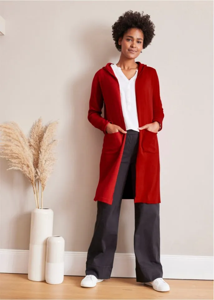 Long cardigan with hood Bpc Bonprix Collection, red