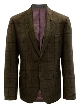 MAGEE Tweed Jacket - Mens Finn Tailored Fit - Green with Mulberry and Navy Overcheck