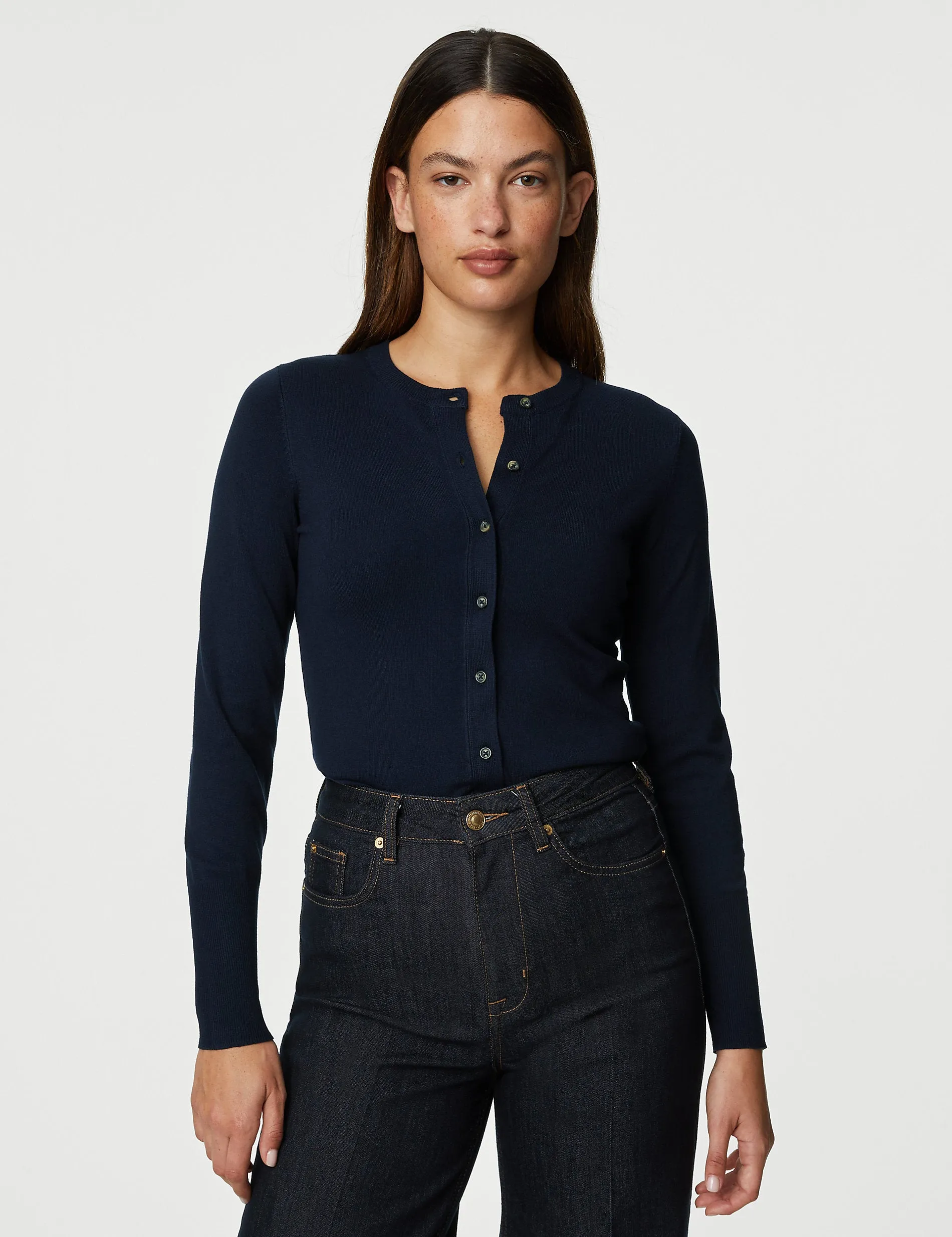 Marks & Spencer Crew Neck Button Front Cardigan, Navy