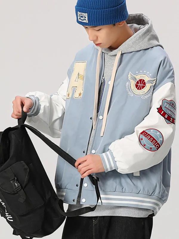 Men's embroidered appliqué bomber button jacket