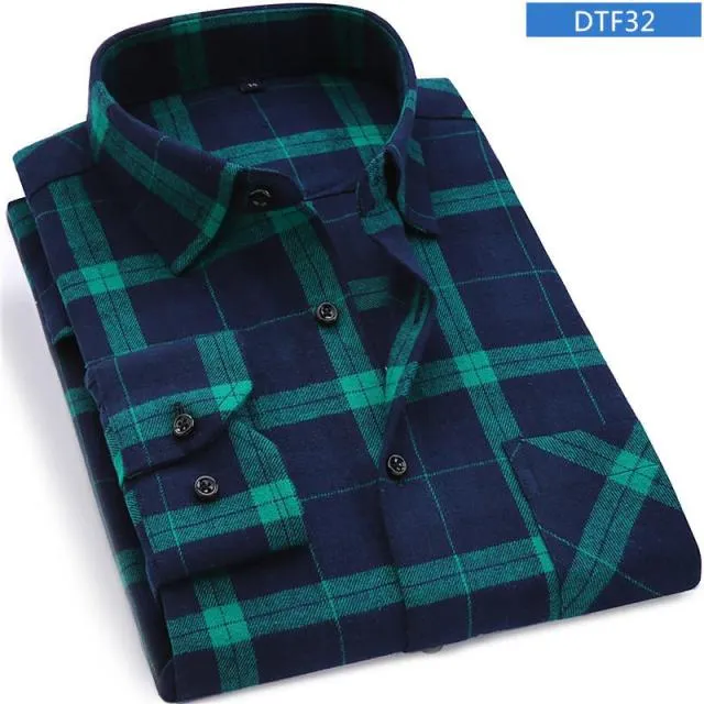 Men's Plaid Cotton Shirt Chest Pocket Smart Casual Classic Contrast Standard-fit Long Sleeve Dress Shirts