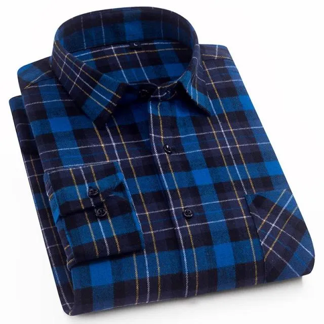 Men's Plaid Cotton Shirt Chest Pocket Smart Casual Classic Contrast Standard-fit Long Sleeve Dress Shirts