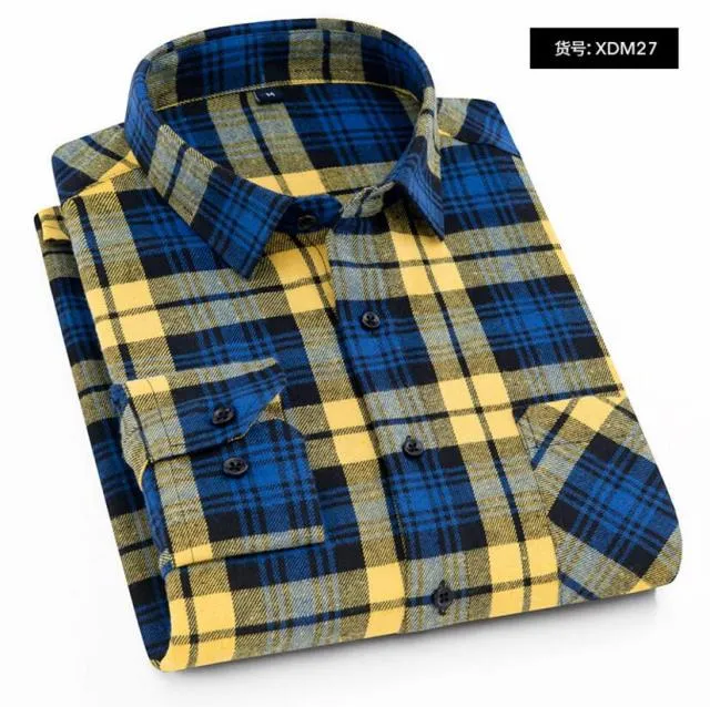 Men's Plaid Cotton Shirt Chest Pocket Smart Casual Classic Contrast Standard-fit Long Sleeve Dress Shirts