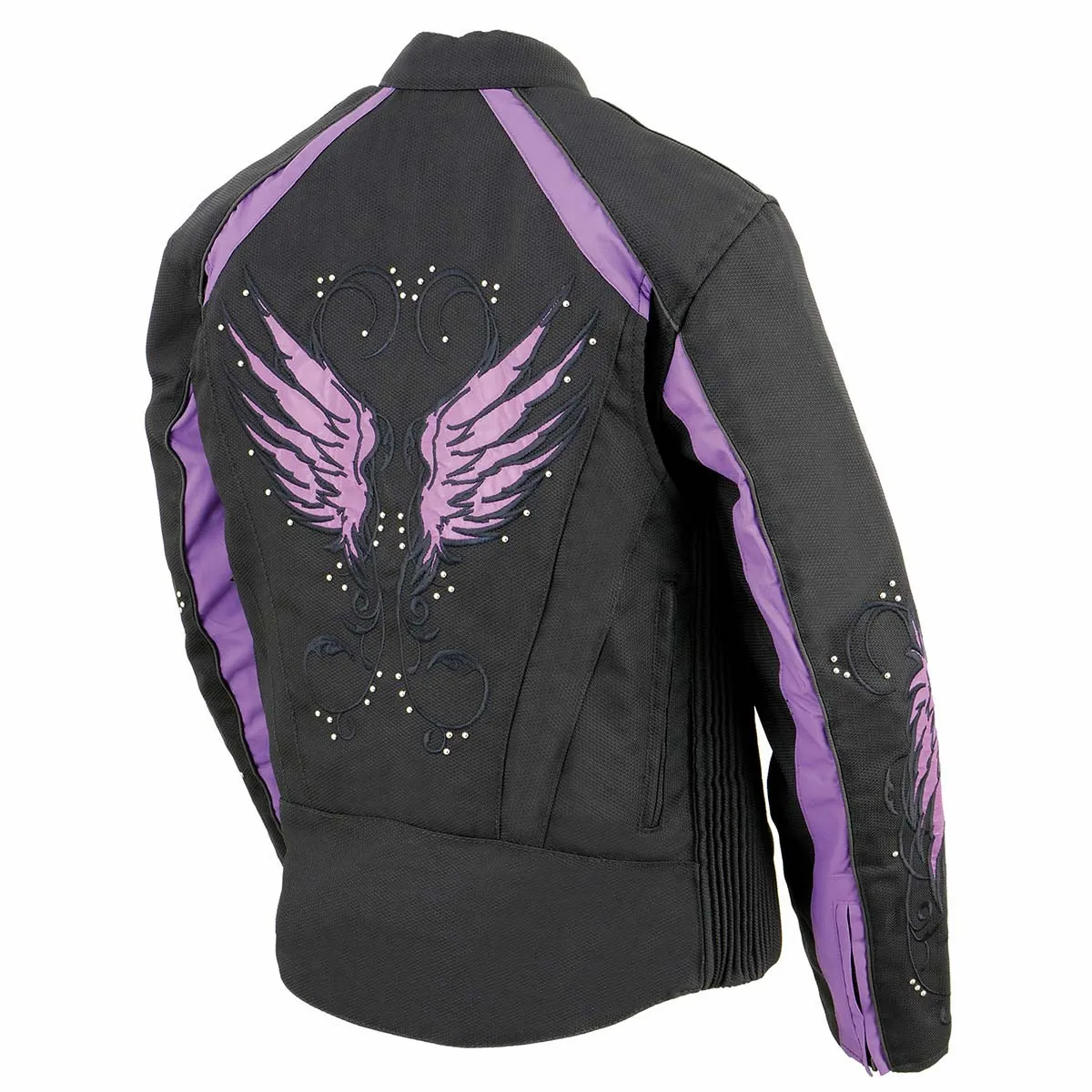 Milwaukee Leather SH1954 Women's Black and Purple Textile Jacket with Stud and Wings Detailing