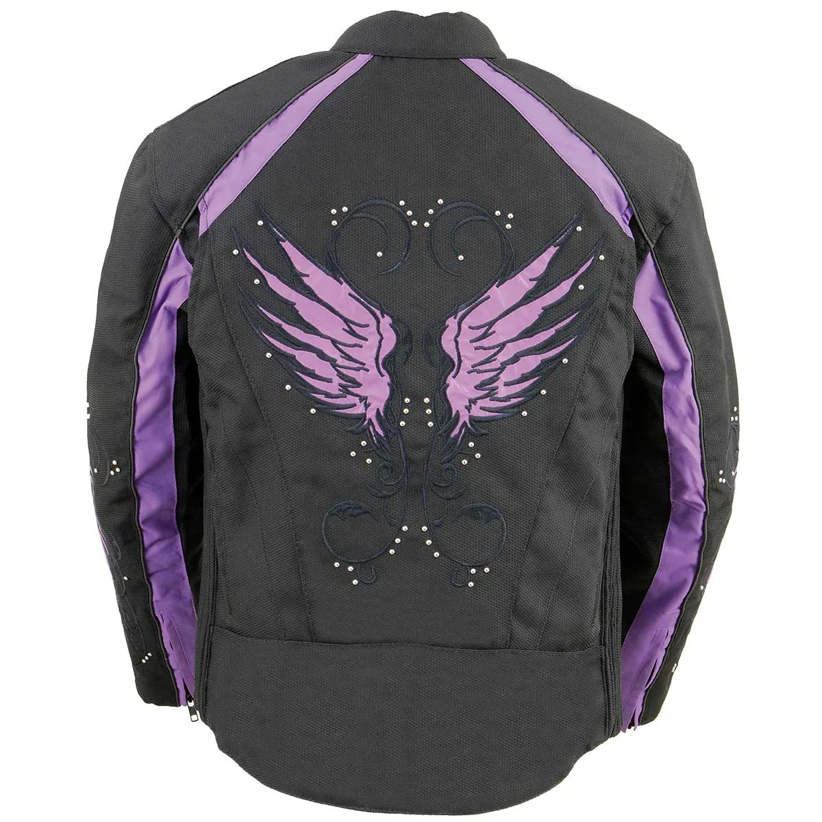 Milwaukee Leather SH1954 Women's Black and Purple Textile Jacket with Stud and Wings Detailing