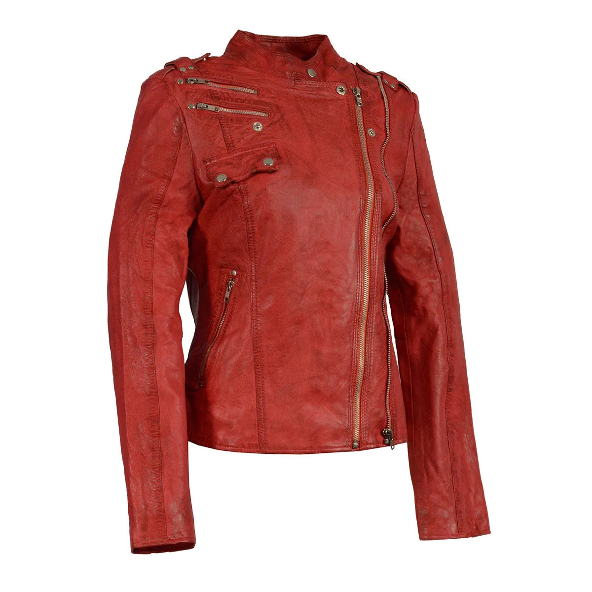 Milwaukee Leather Women's Distressed Red Vegan Leather Motorcycle Style Fashion Jacket SFL2845