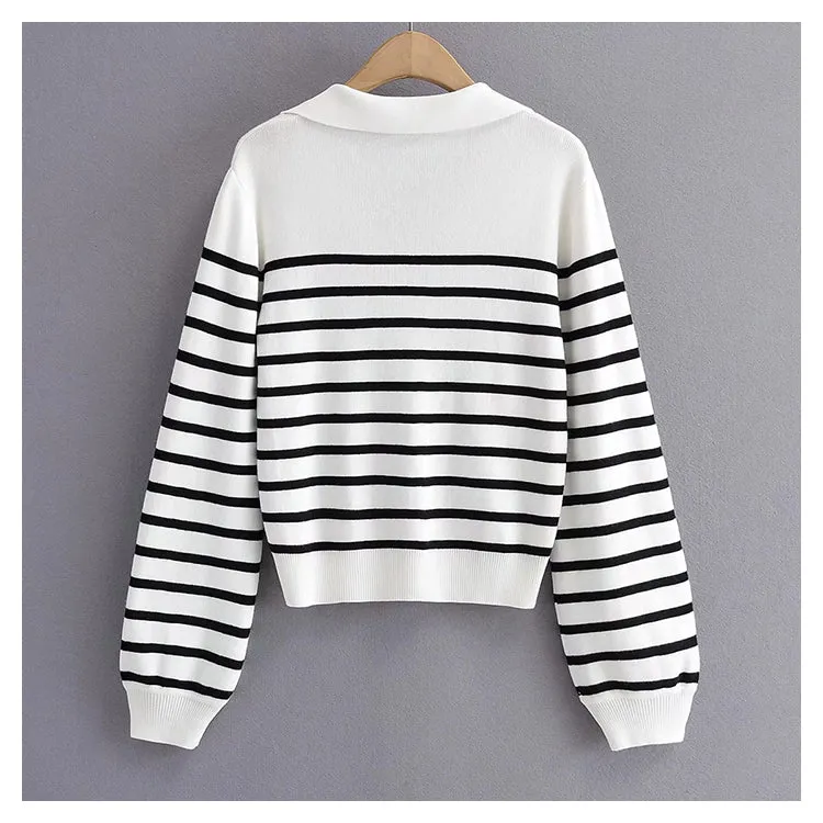 Minority retro lazy black and white striped sweater knitwear female     S2523