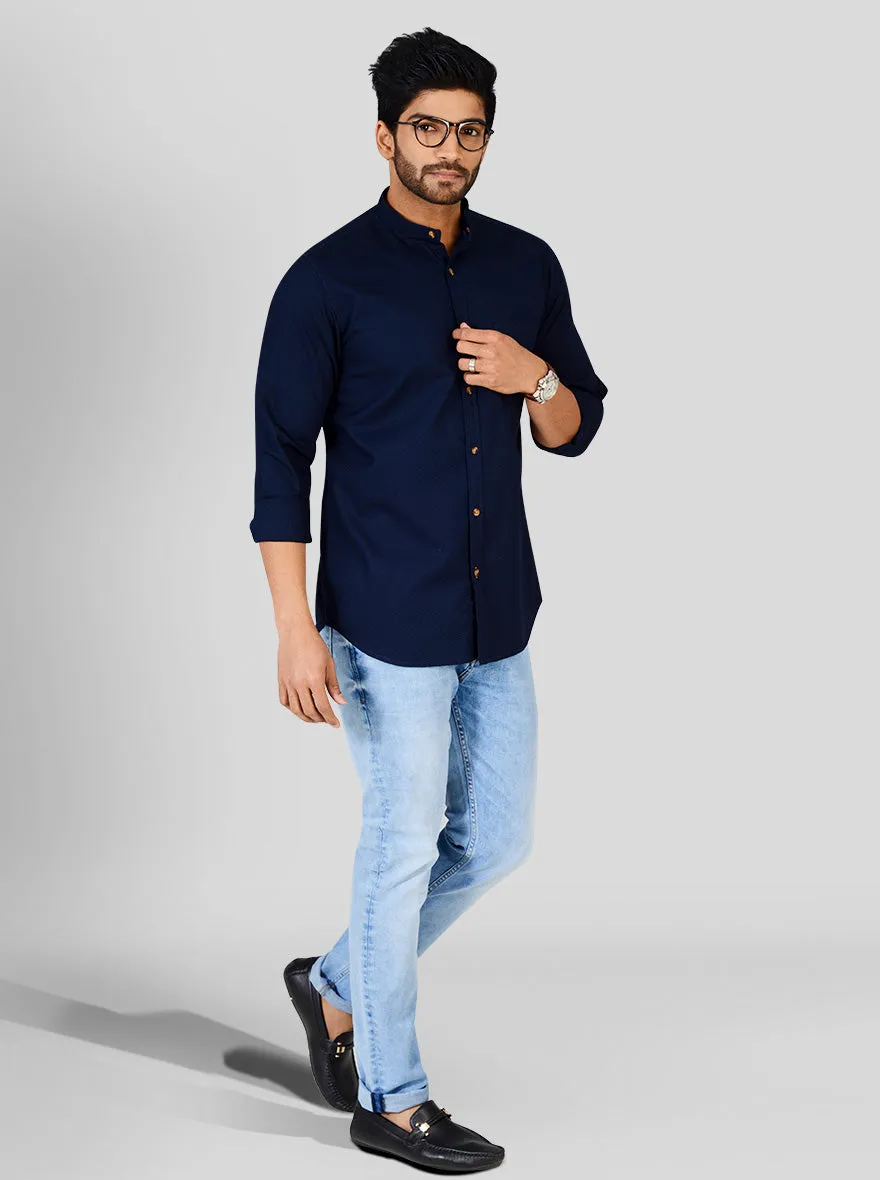 Navy Blue Self Textured Slim Fit Casual Shirt | JadeBlue