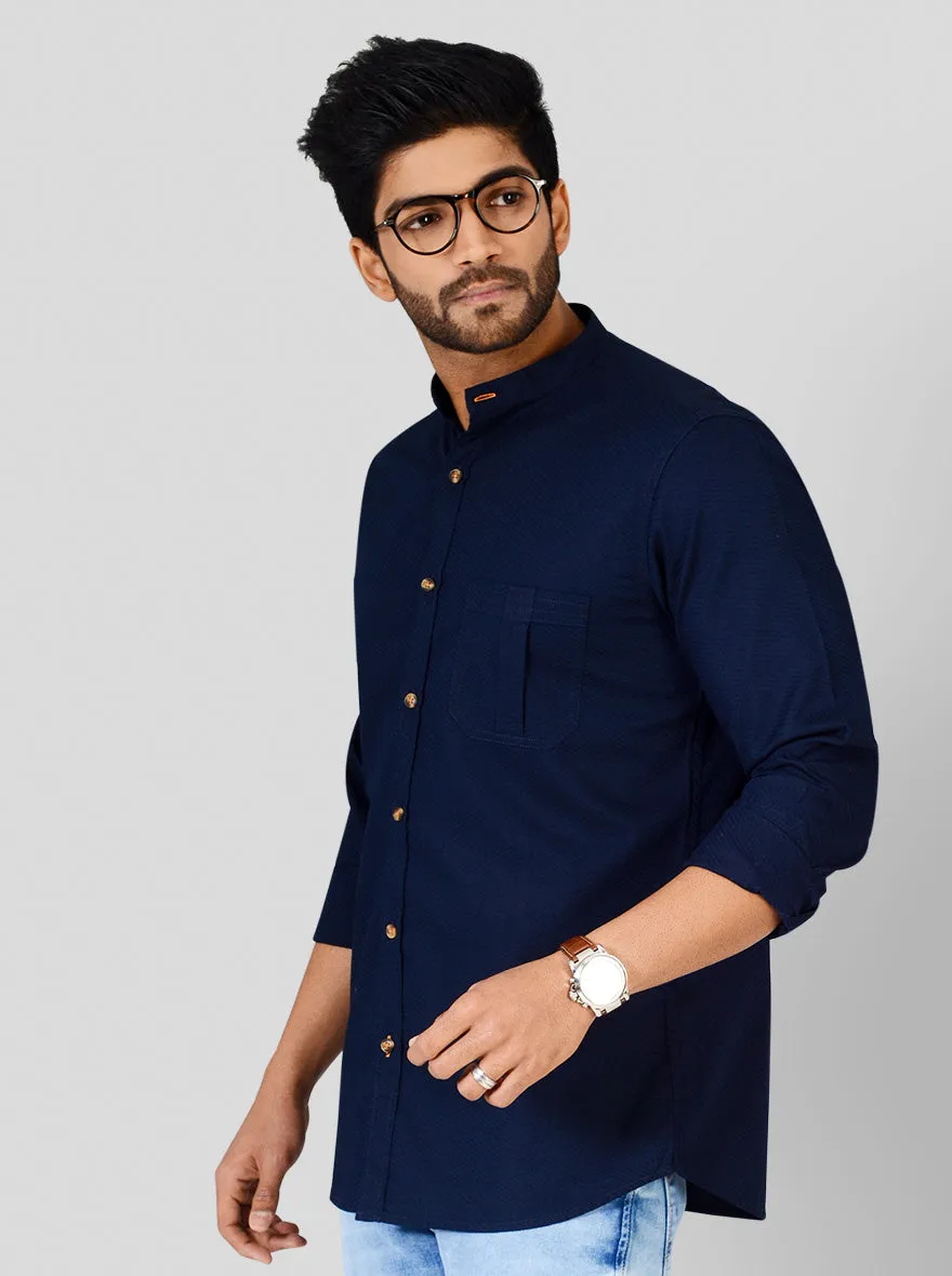 Navy Blue Self Textured Slim Fit Casual Shirt | JadeBlue