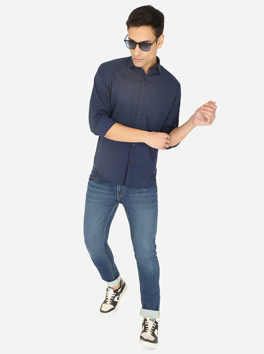 Navy Blue Solid Classic Fit Semi Casual Shirt | Greenfibre