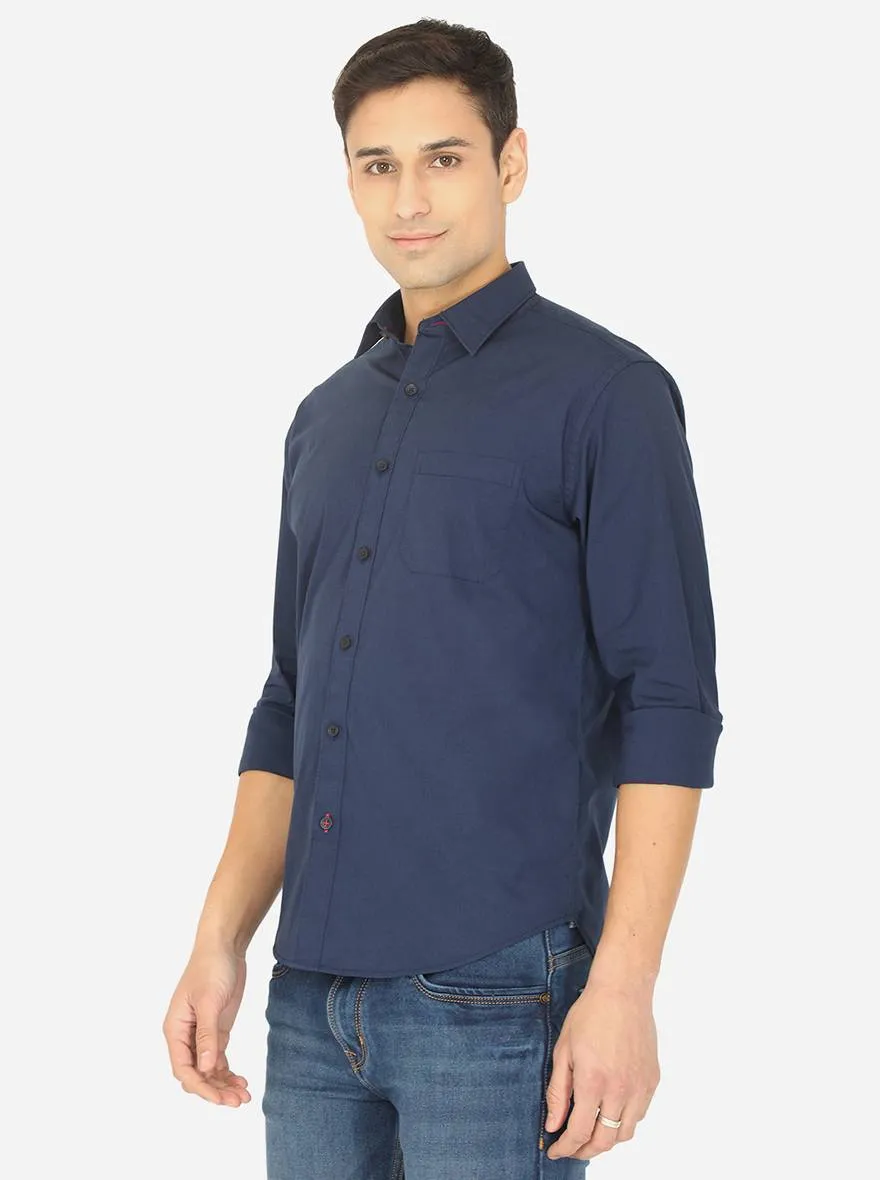 Navy Blue Solid Classic Fit Semi Casual Shirt | Greenfibre