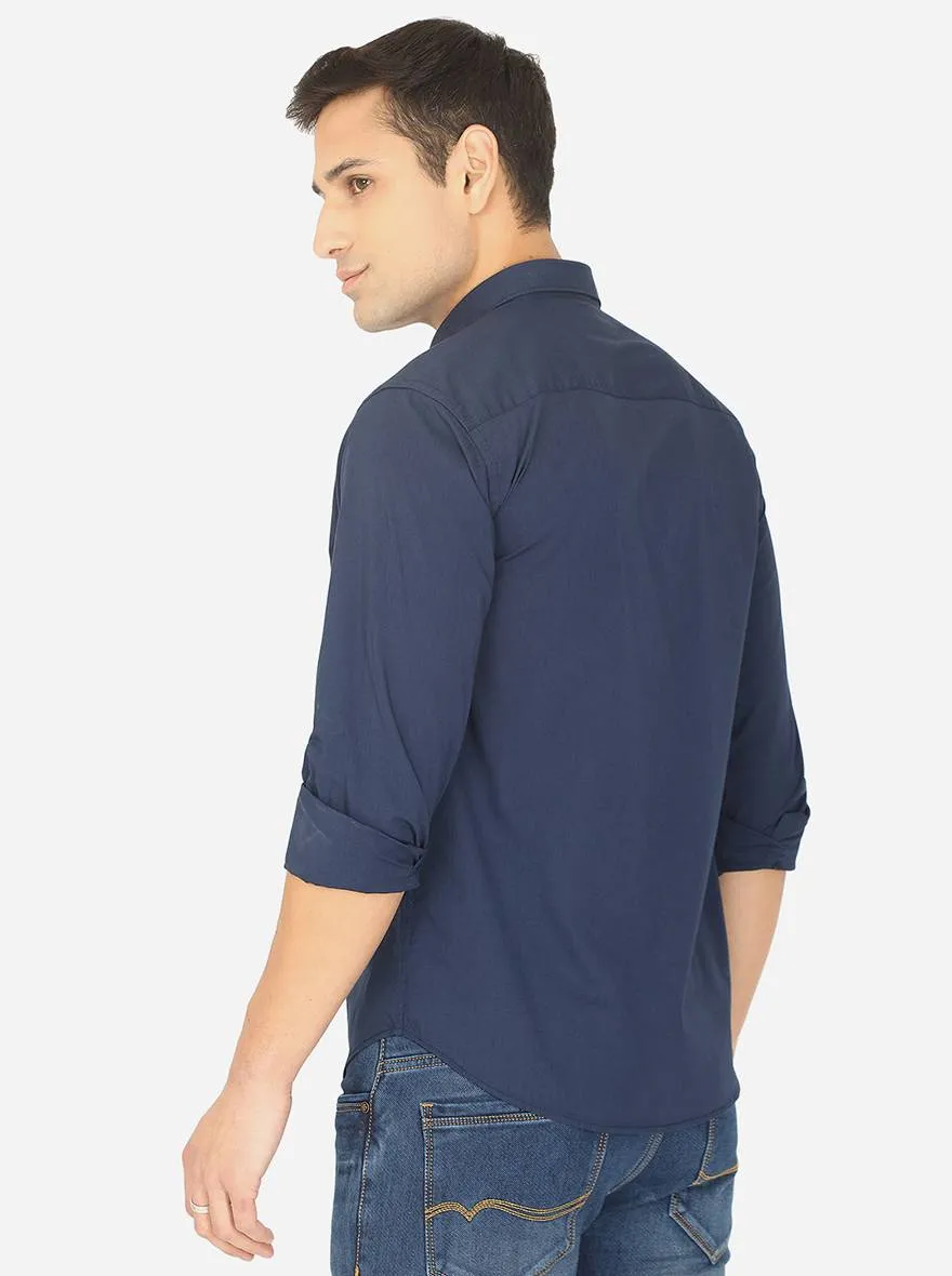 Navy Blue Solid Classic Fit Semi Casual Shirt | Greenfibre