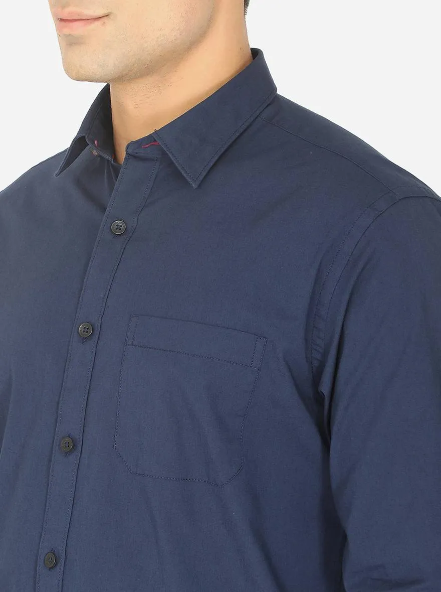 Navy Blue Solid Classic Fit Semi Casual Shirt | Greenfibre