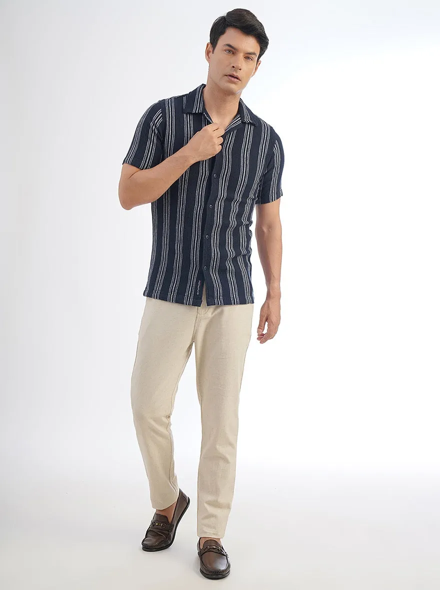 Navy Blue Striped Slim Fit Casual Shirt | JadeBlue