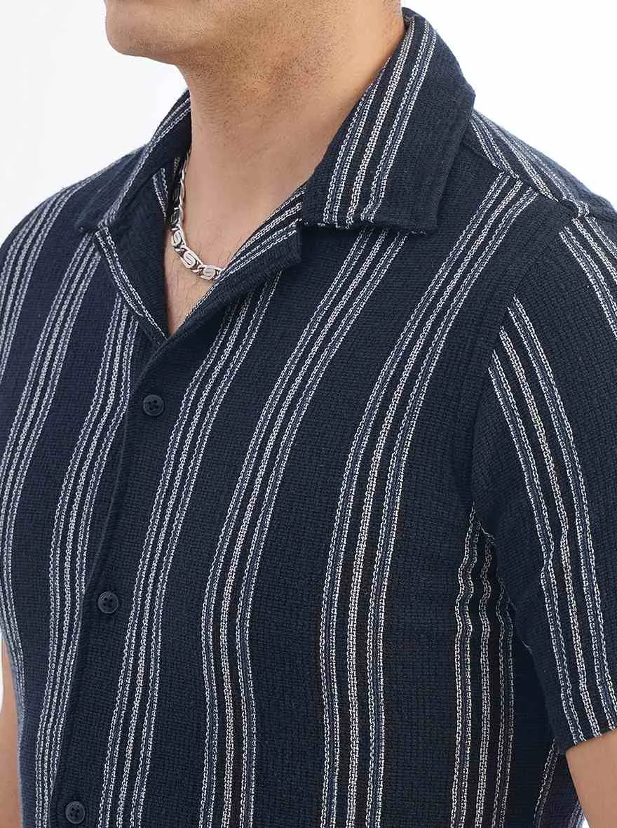 Navy Blue Striped Slim Fit Casual Shirt | JadeBlue