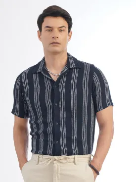 Navy Blue Striped Slim Fit Casual Shirt | JadeBlue