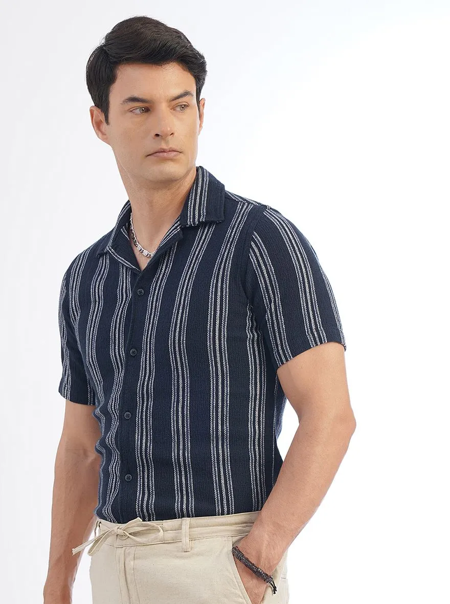 Navy Blue Striped Slim Fit Casual Shirt | JadeBlue