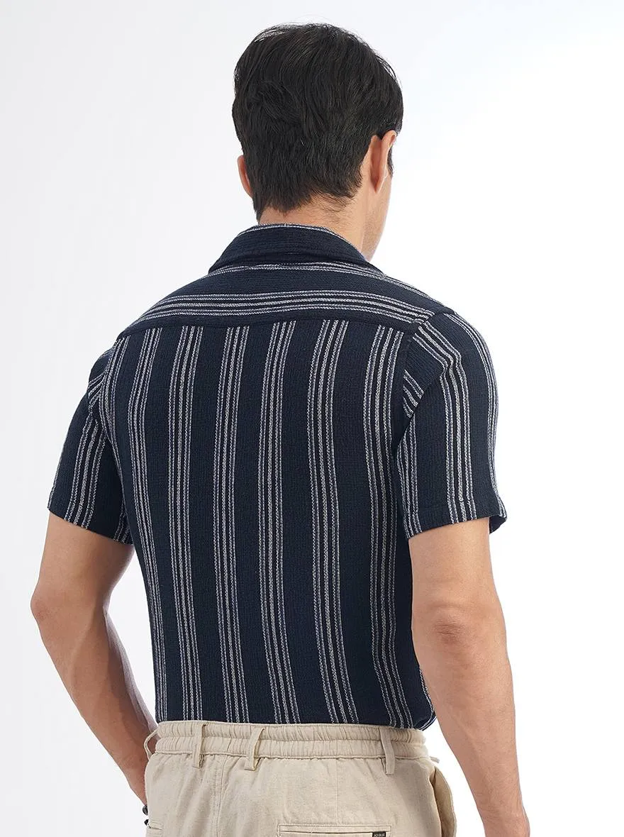 Navy Blue Striped Slim Fit Casual Shirt | JadeBlue