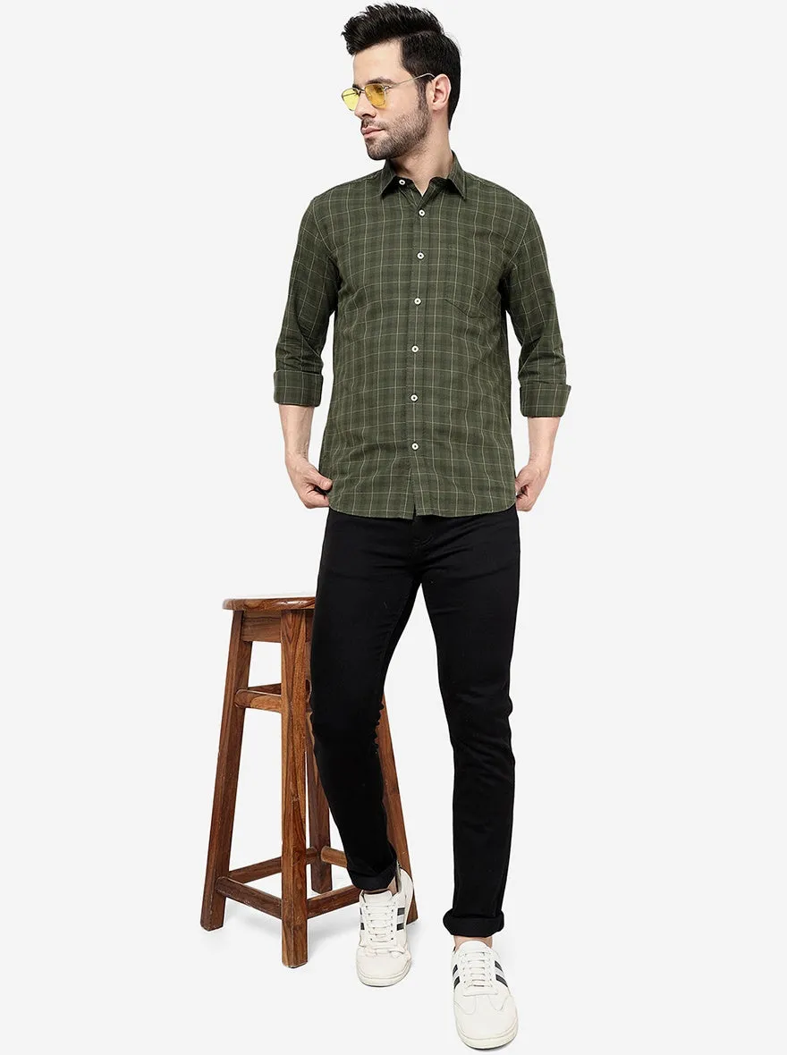 Olive Green Checked Slim Fit Semi Casual Shirt | JadeBlue