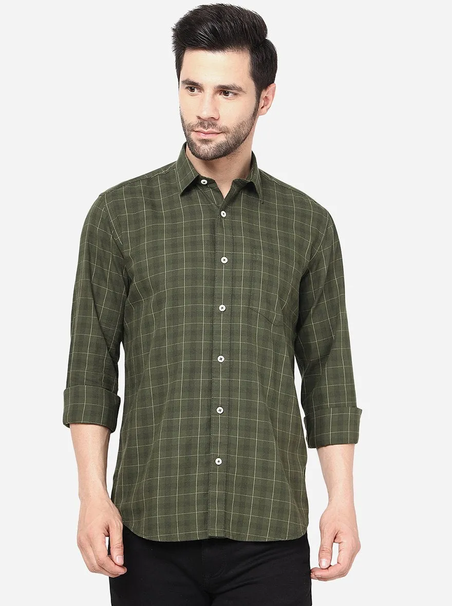 Olive Green Checked Slim Fit Semi Casual Shirt | JadeBlue