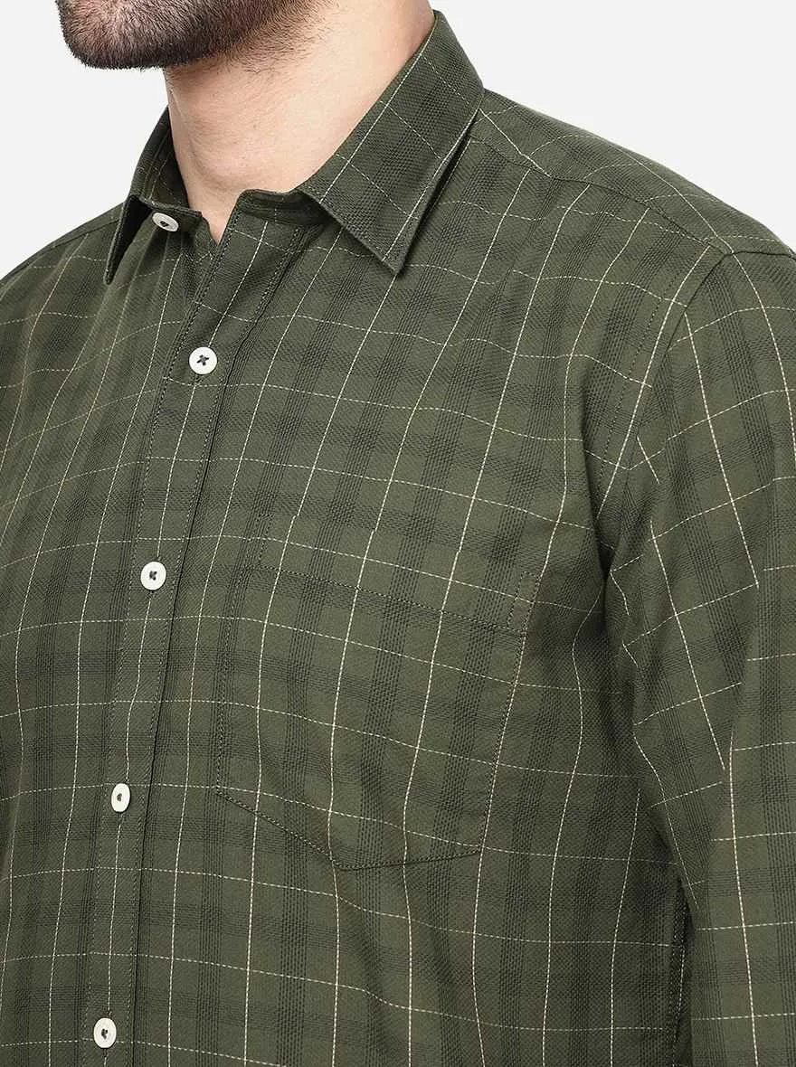 Olive Green Checked Slim Fit Semi Casual Shirt | JadeBlue