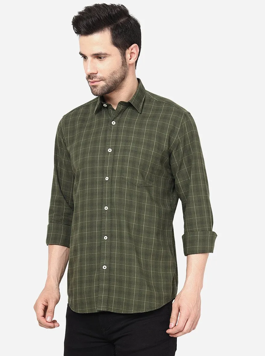 Olive Green Checked Slim Fit Semi Casual Shirt | JadeBlue