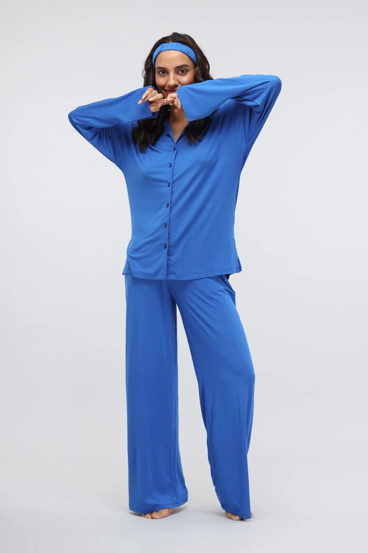 Olympian Blue Modal Long Button Down Slit Top