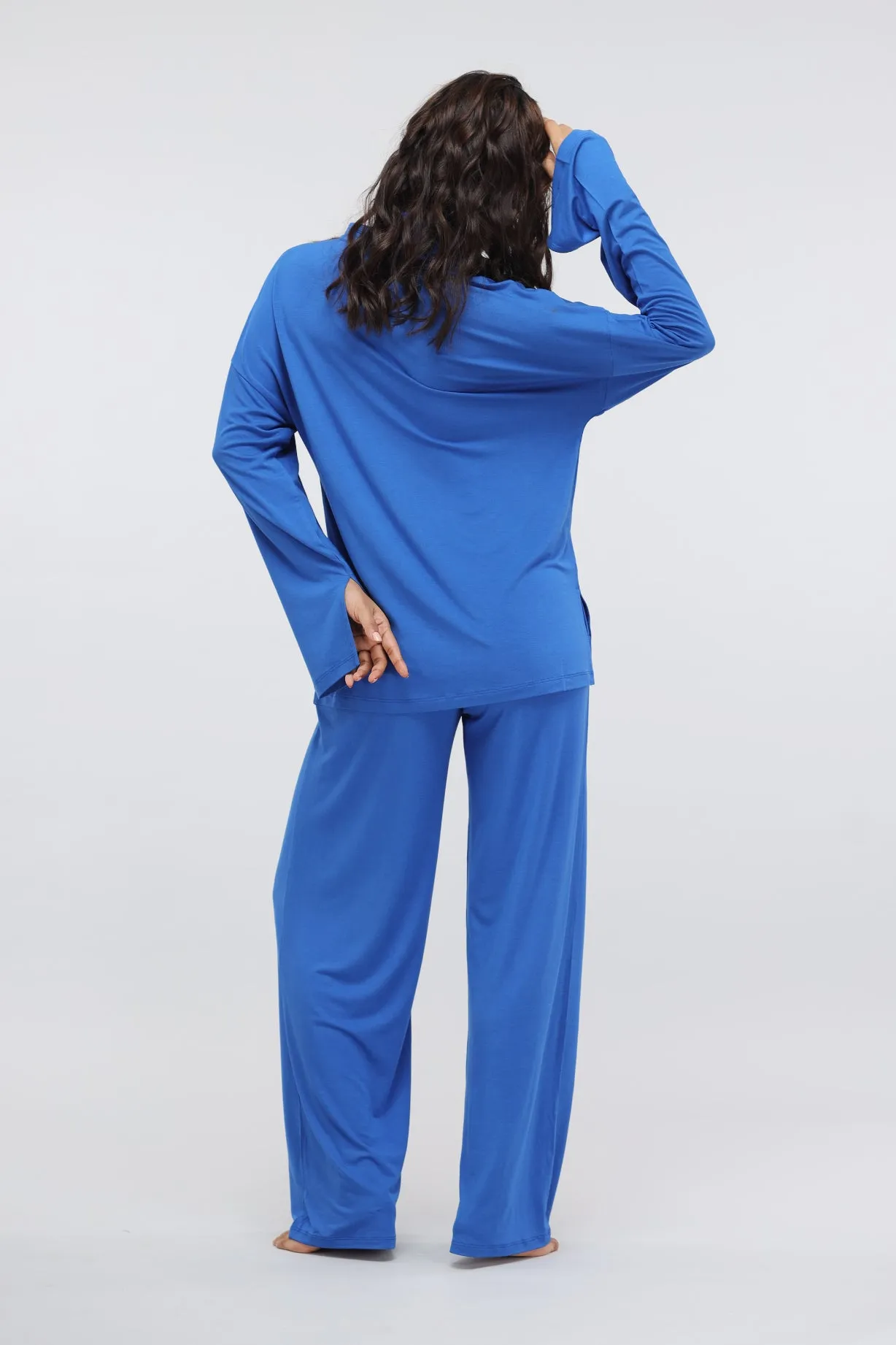 Olympian Blue Modal Long Button Down Slit Top