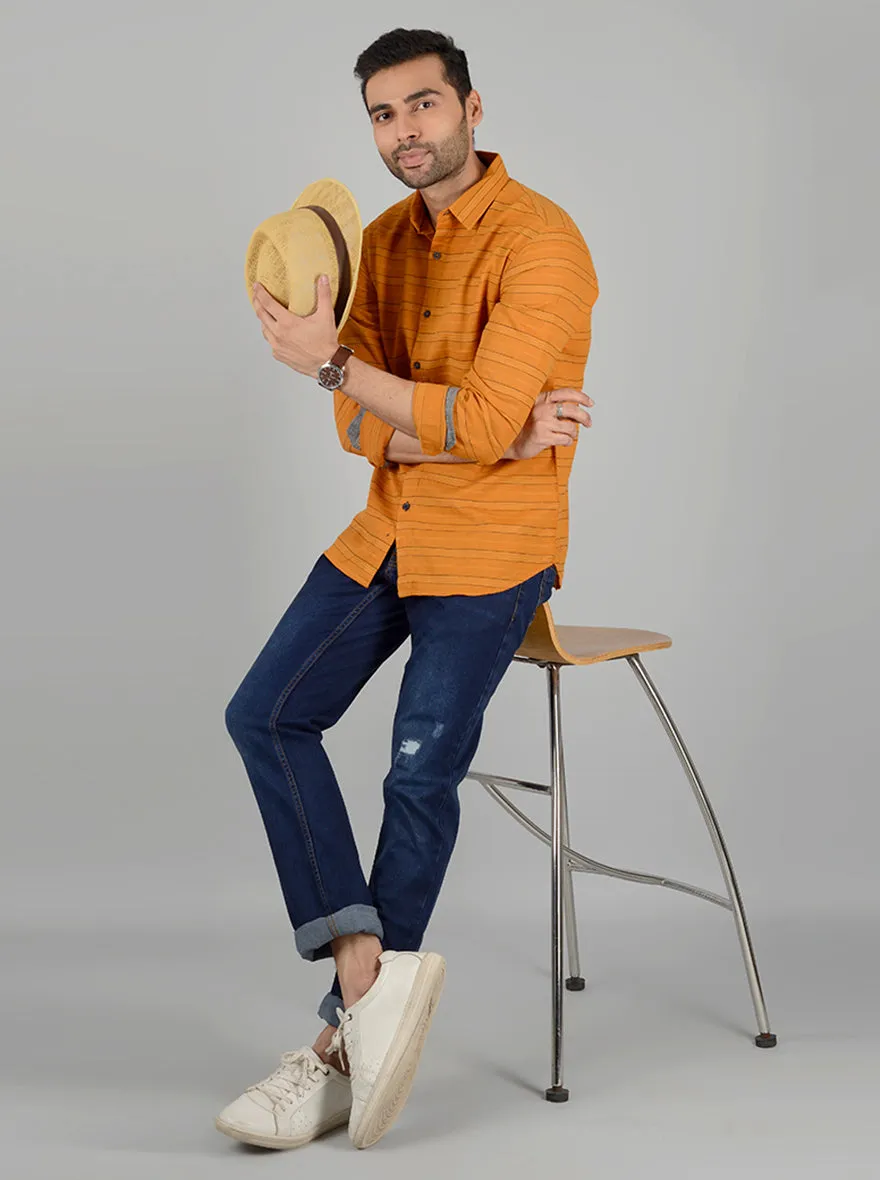 Orange Striped Slim Fit Casual Shirt | Greenfibre