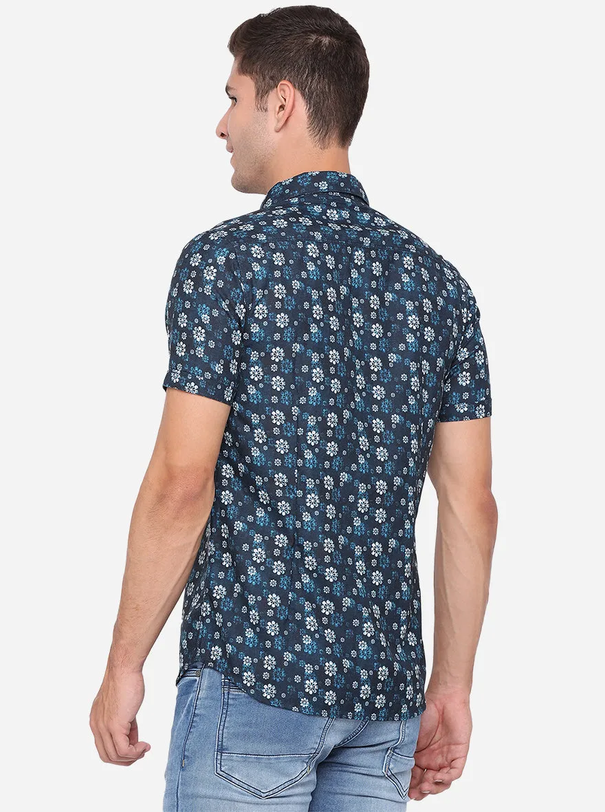 Orion Blue Printed Slim Fit Semi Casual Shirt | JadeBlue