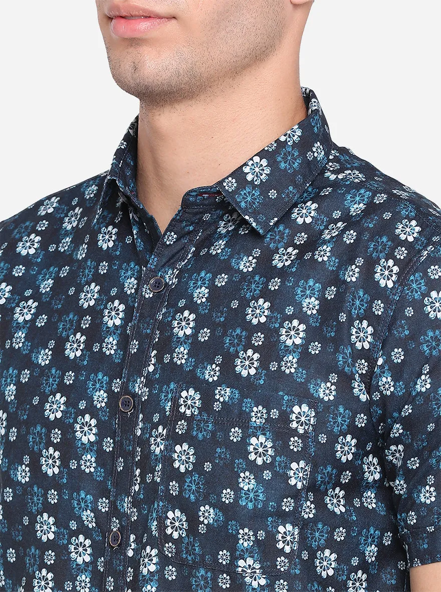 Orion Blue Printed Slim Fit Semi Casual Shirt | JadeBlue