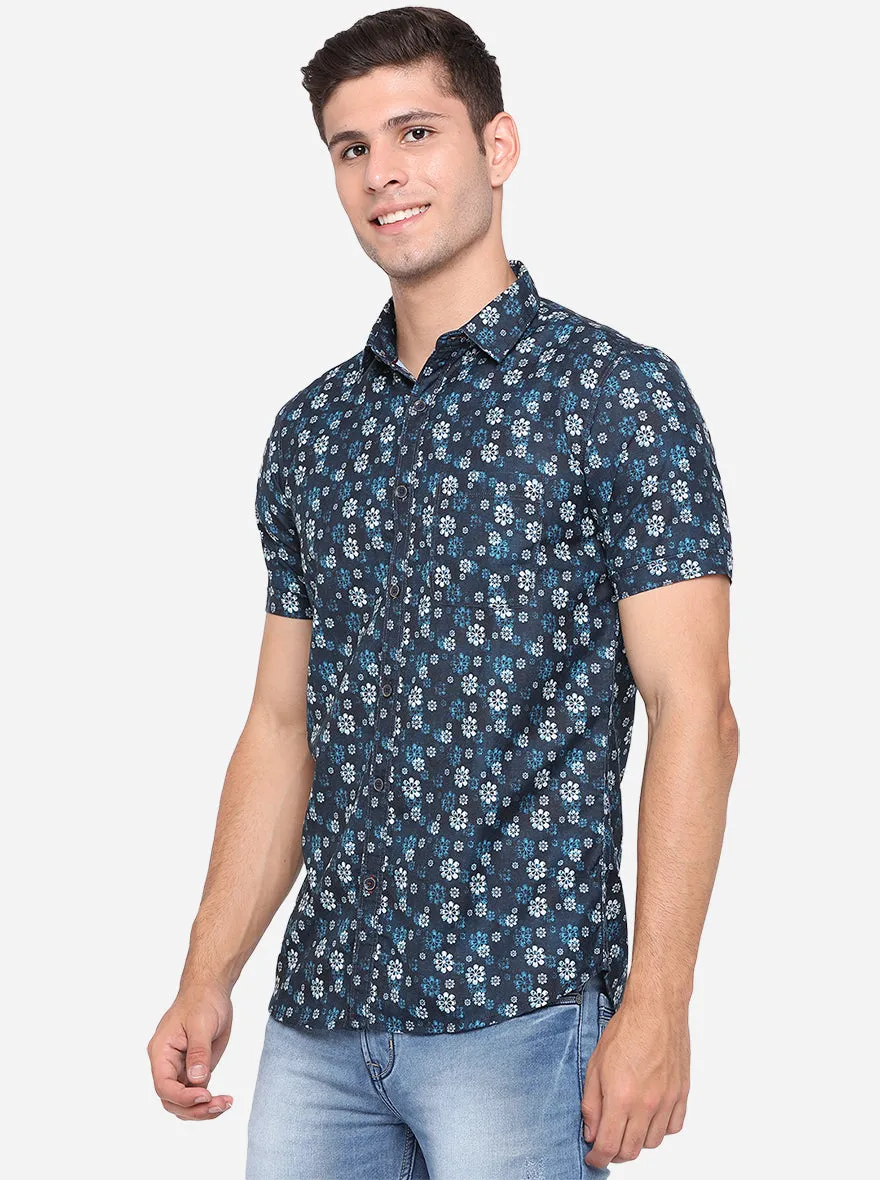 Orion Blue Printed Slim Fit Semi Casual Shirt | JadeBlue