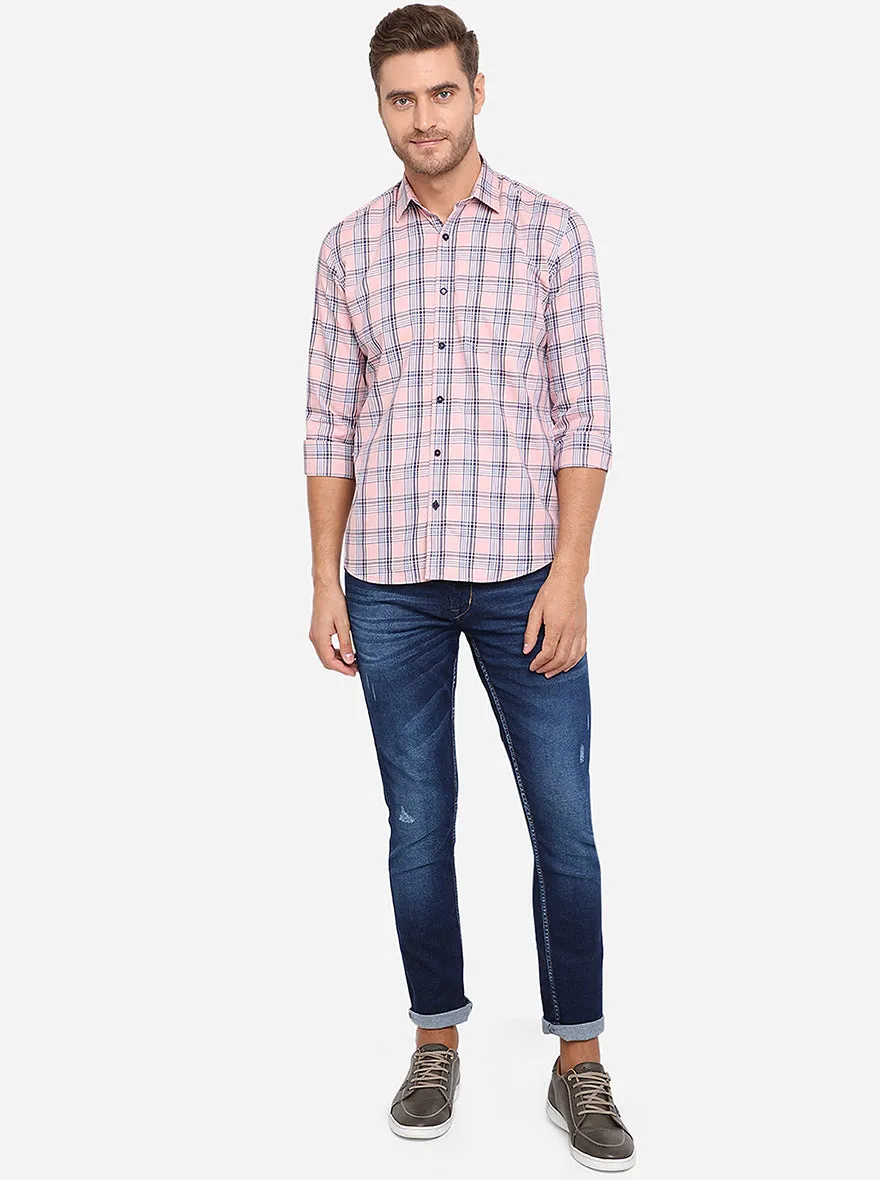 Peach & Blue Checked Slim Fit Semi Casual Shirt | Greenfibre