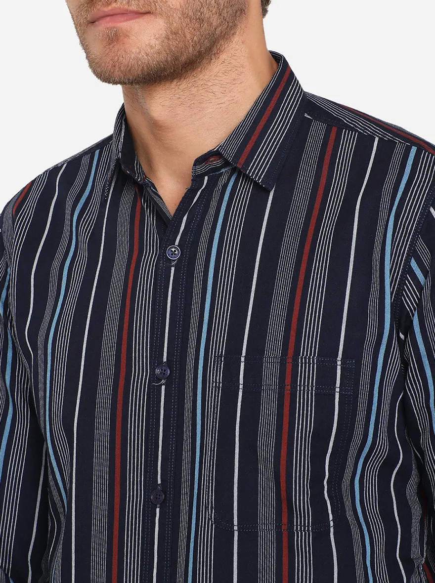 Peacot Blue Striped Slim Fit Semi Casual Shirt | JadeBlue