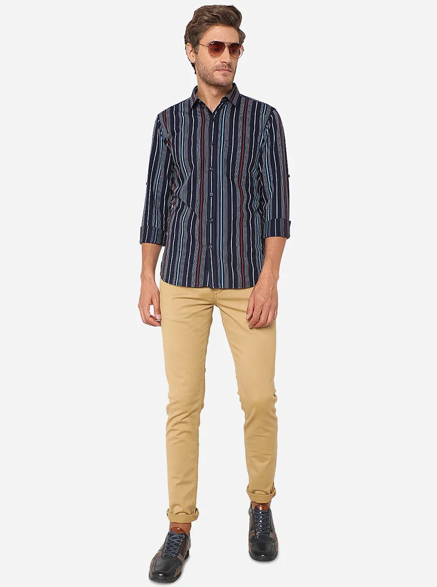 Peacot Blue Striped Slim Fit Semi Casual Shirt | JadeBlue