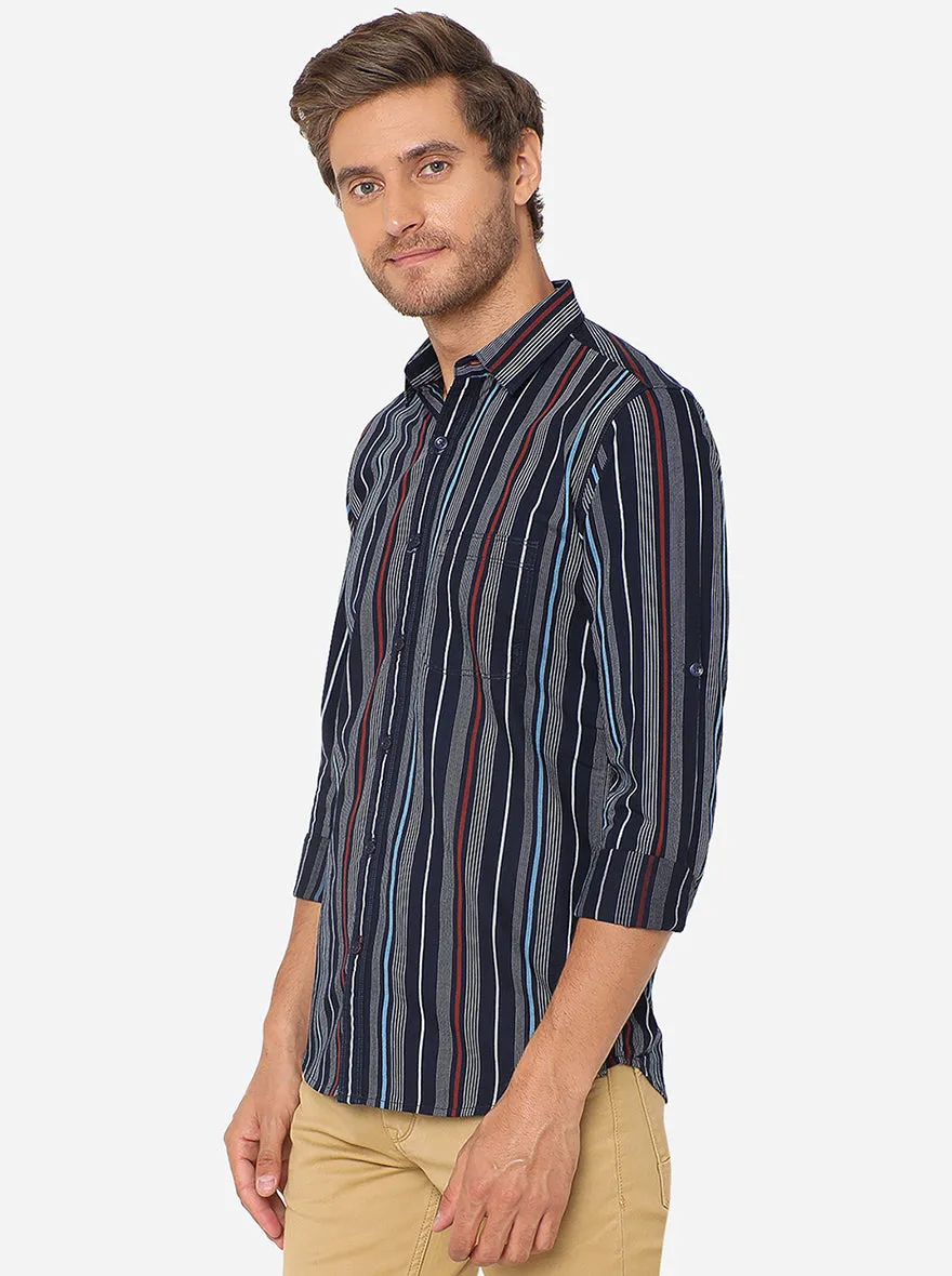 Peacot Blue Striped Slim Fit Semi Casual Shirt | JadeBlue