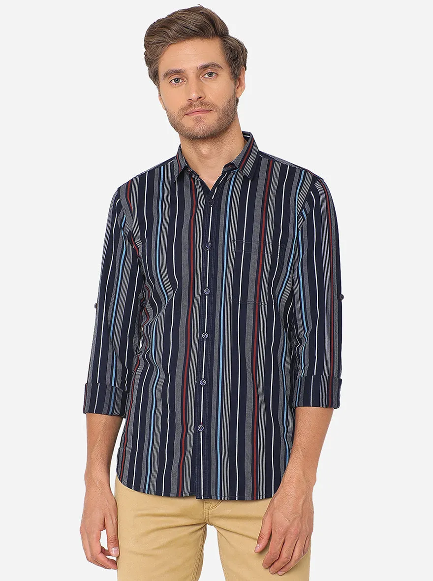 Peacot Blue Striped Slim Fit Semi Casual Shirt | JadeBlue