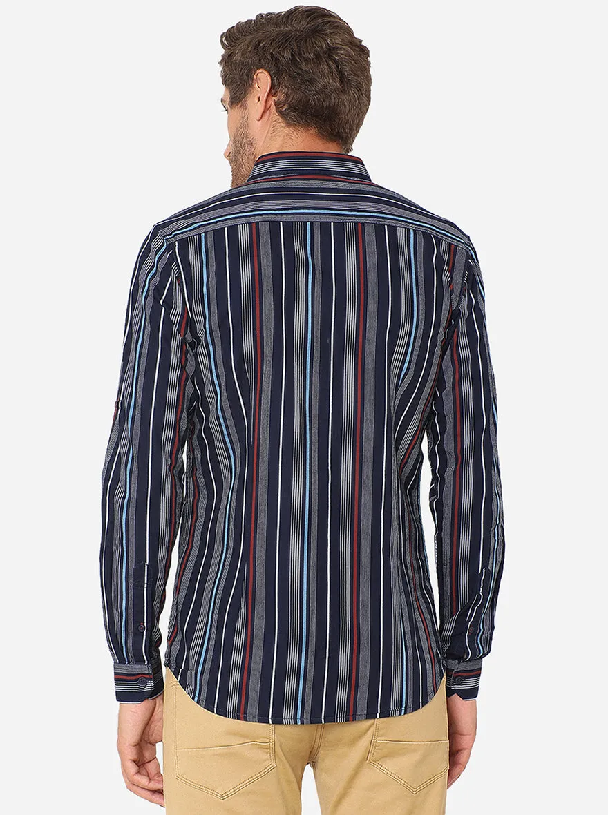 Peacot Blue Striped Slim Fit Semi Casual Shirt | JadeBlue