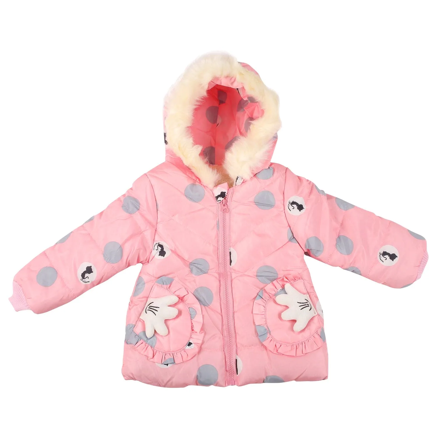 Polka Dotted Pink Hooded Full Sleeve Padded Jacket