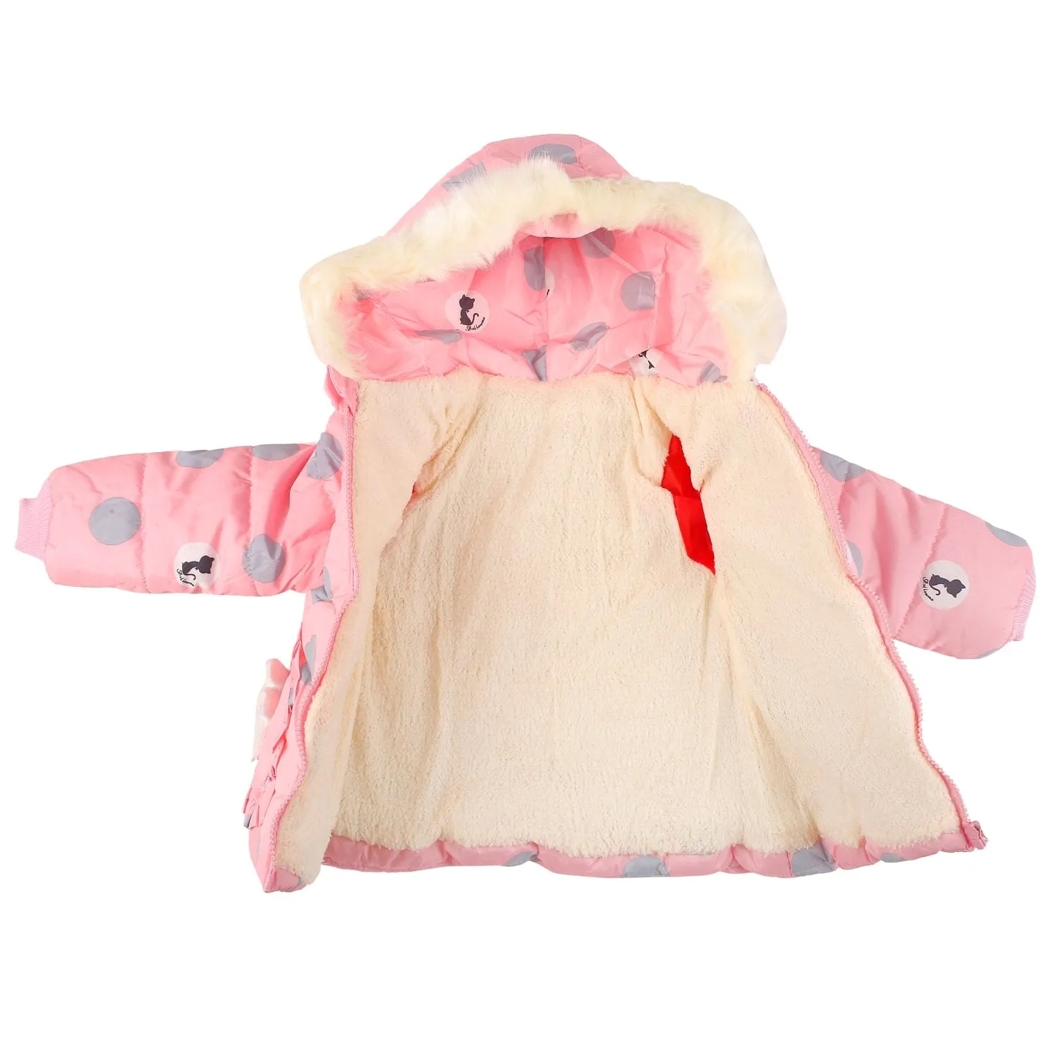 Polka Dotted Pink Hooded Full Sleeve Padded Jacket