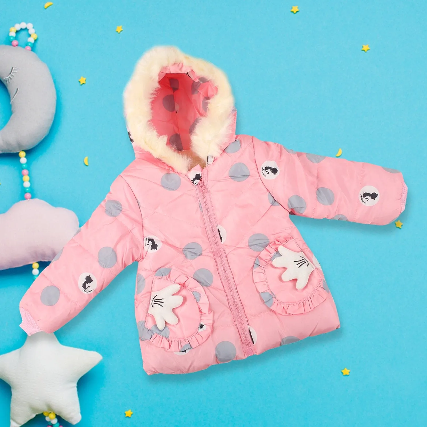 Polka Dotted Pink Hooded Full Sleeve Padded Jacket