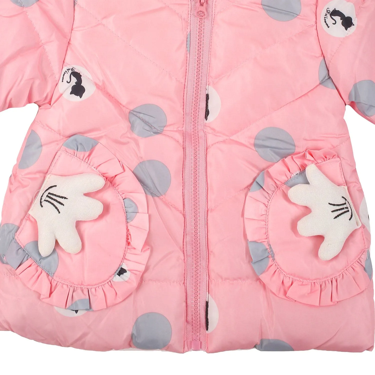 Polka Dotted Pink Hooded Full Sleeve Padded Jacket