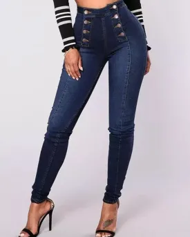 SheCurve® High-Waisted Casual Two-Row Stretch Jeans With Multiple Buttons