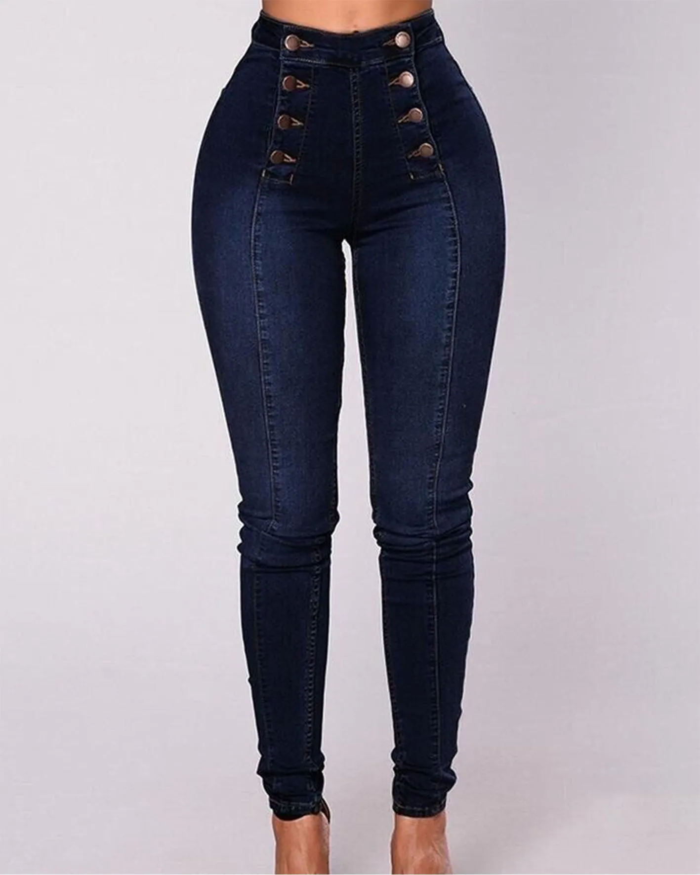 SheCurve® High-Waisted Casual Two-Row Stretch Jeans With Multiple Buttons