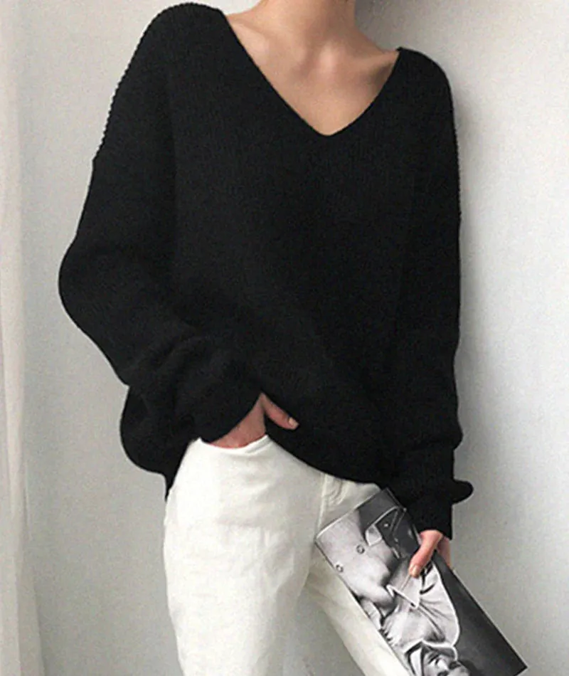 Simple v neck neck sweater long sleeve sweater      S2512