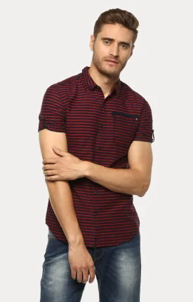 Spykar Men'S Red Cotton Striped Casual Shirts