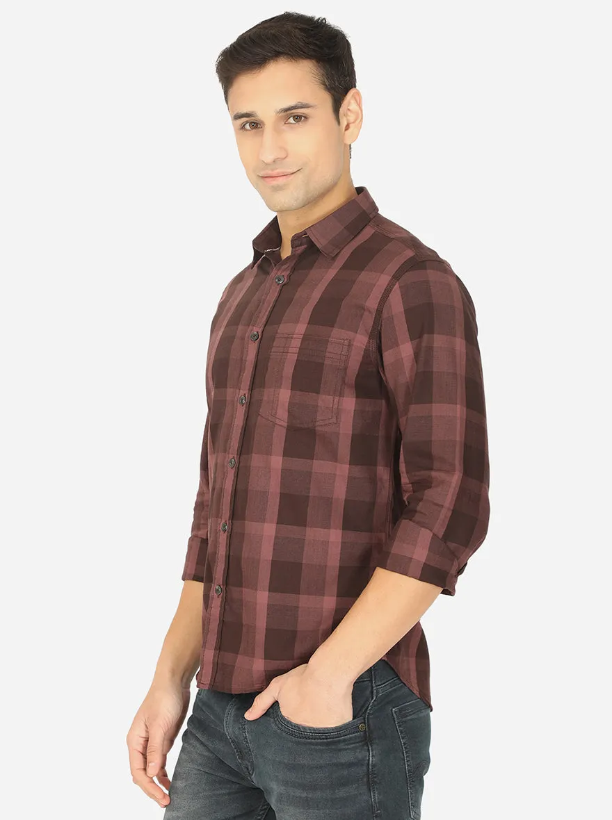 Stone Brown Checked Slim Fit Semi Casual Shirt | Greenfibre