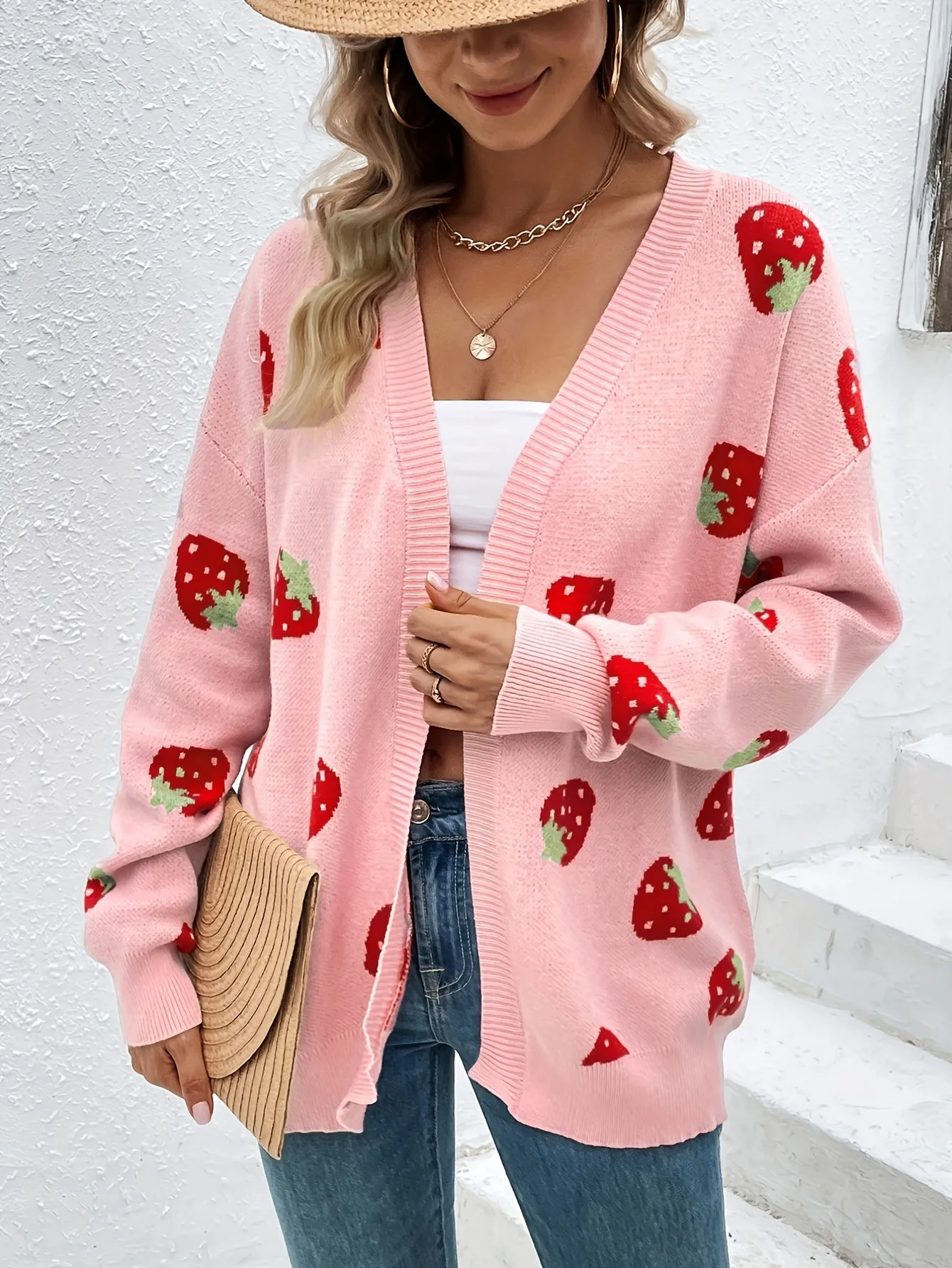 Strawberry Print Plus Size Long Sleeve Cardigan