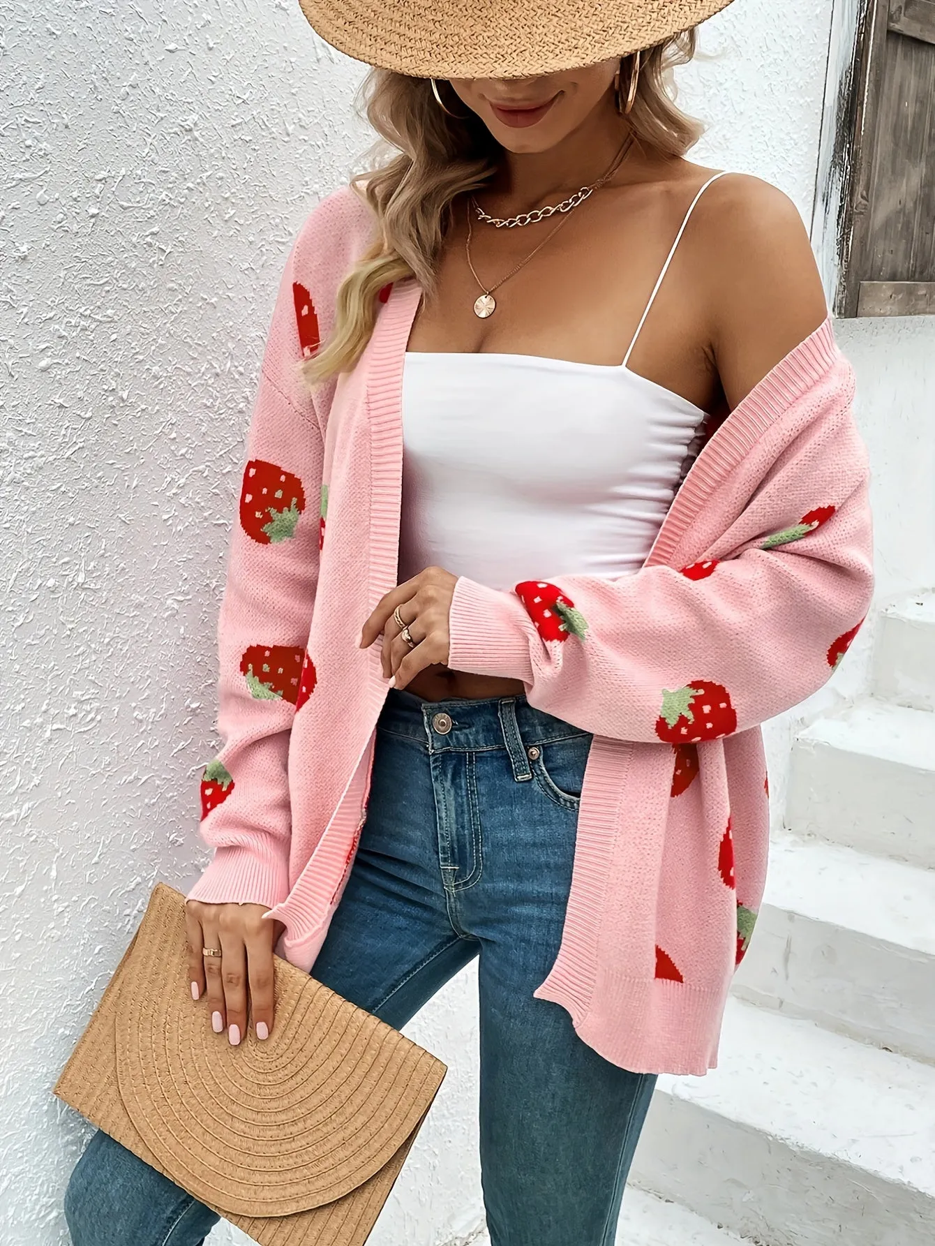 Strawberry Print Plus Size Long Sleeve Cardigan