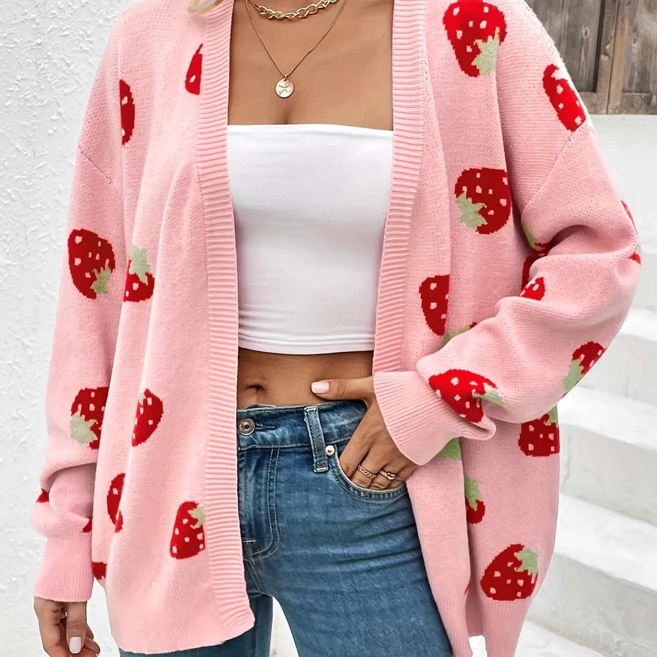 Strawberry Print Plus Size Long Sleeve Cardigan